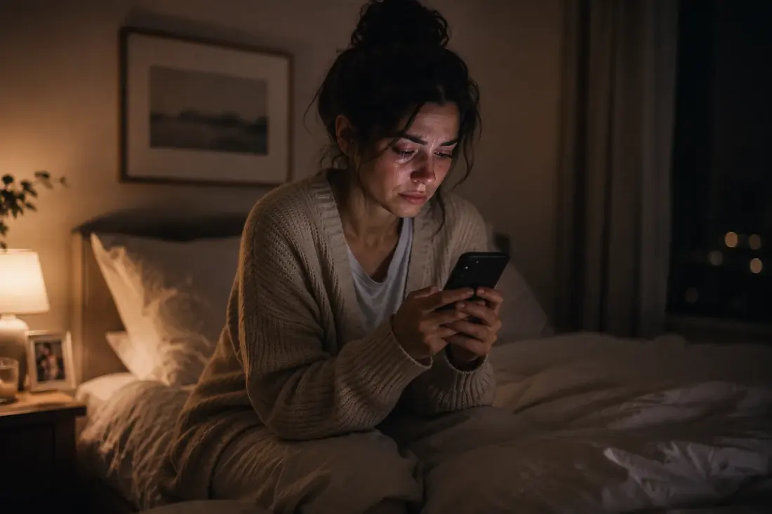 Mujer mirando el teléfono durante un momento de distancia emocional